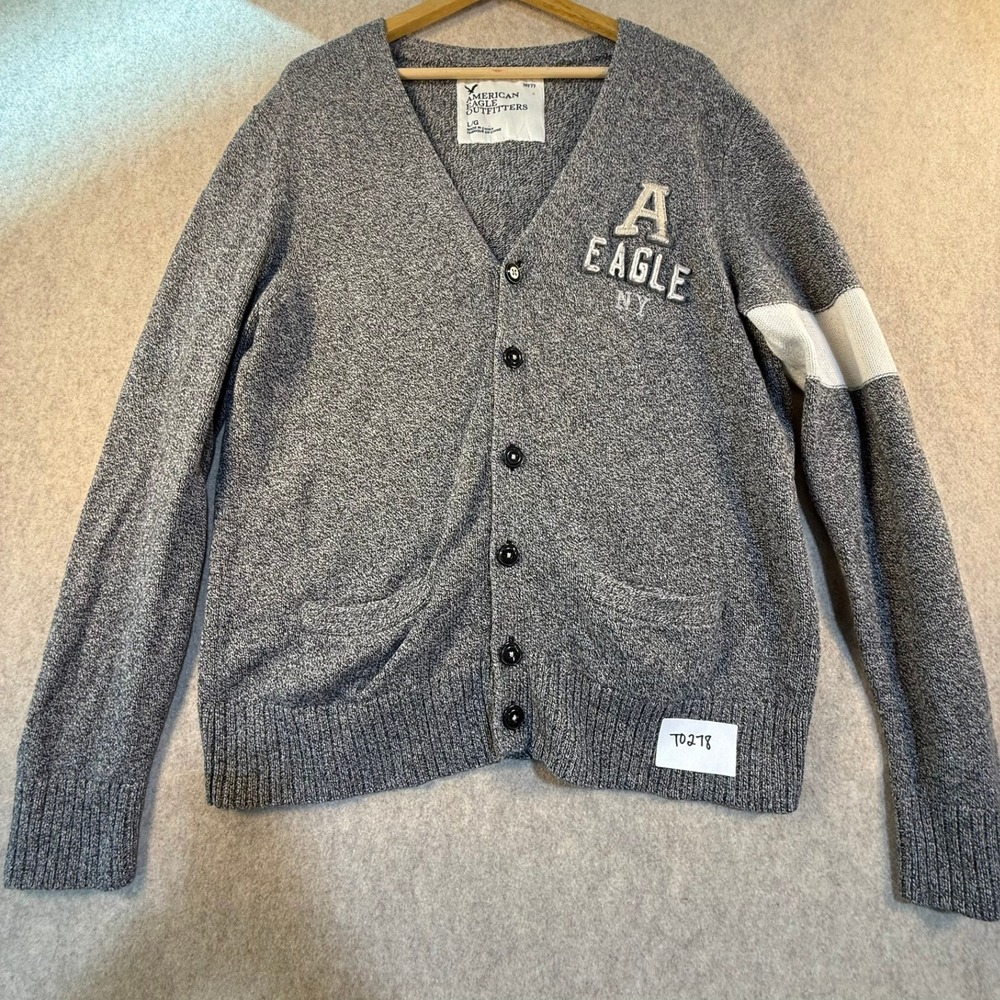 American Eagle Outfitters Mens Gray Marl Varsity Cardigan Sweater Large A‎ EAGLE